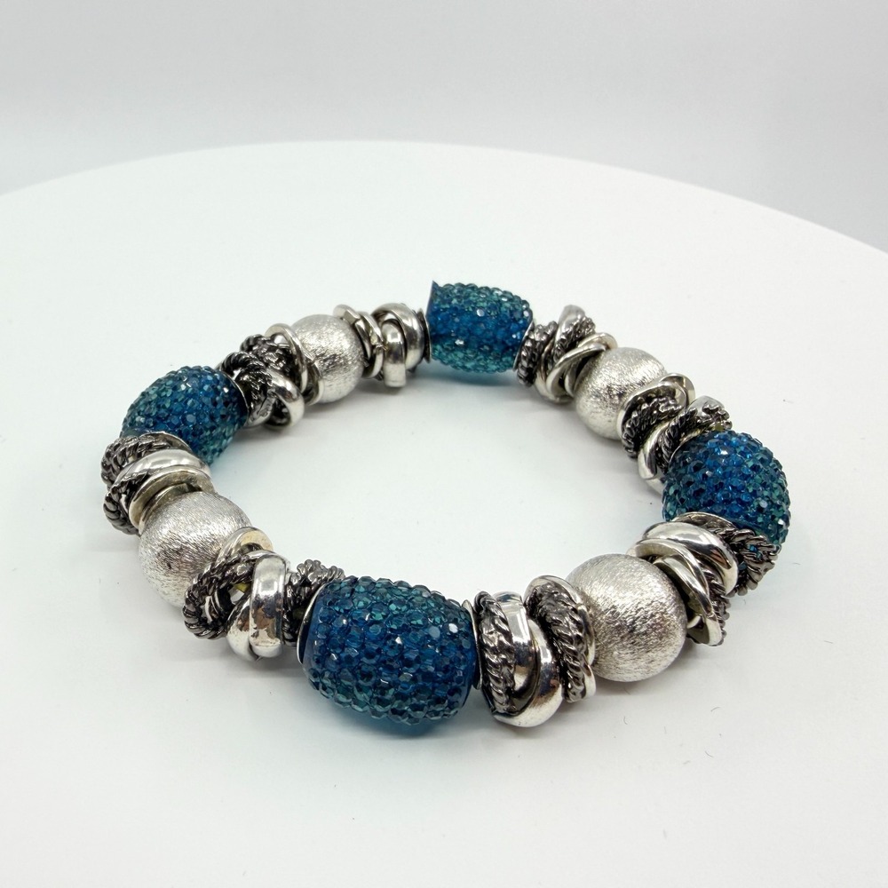 VTG Chunky Silver Tone Blue Crystal Bead Stretch Bracelet Statement Stackable